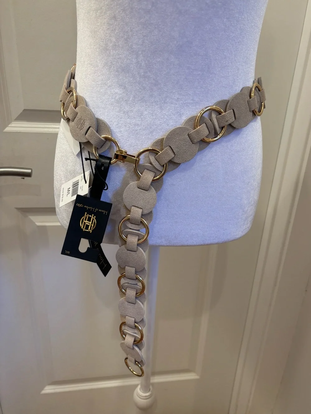 NWT House of Harlow 1960 Beige suede gold Chain-Link adjustable Waist Belt - M/L